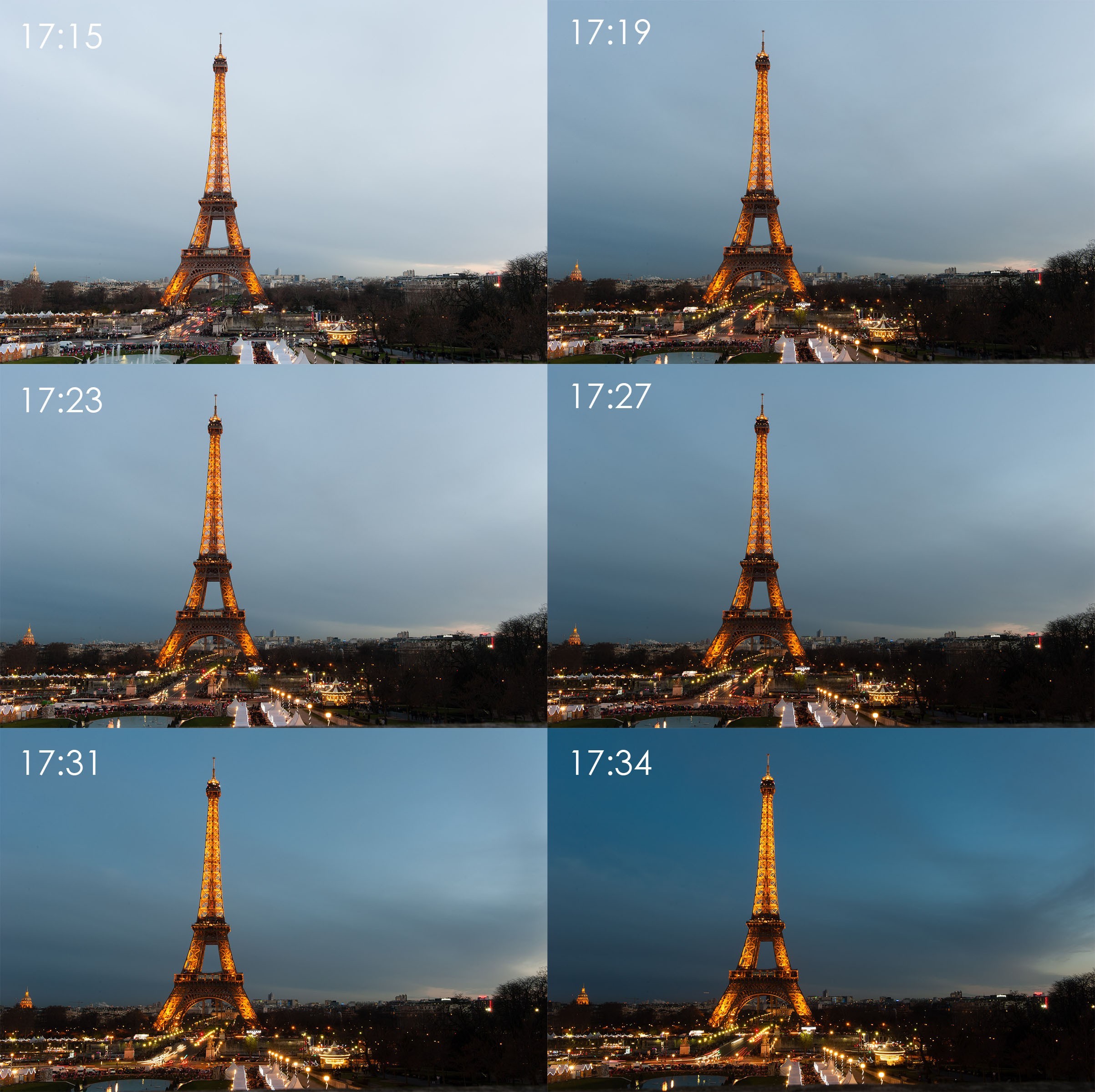 De ontwikkeling van het blauwe uurtje bij de Eiffeltoren in Parijs. Zonsondergang was om 17:01. Een half uur later was het blauwe uurtje goed zichtbaar.