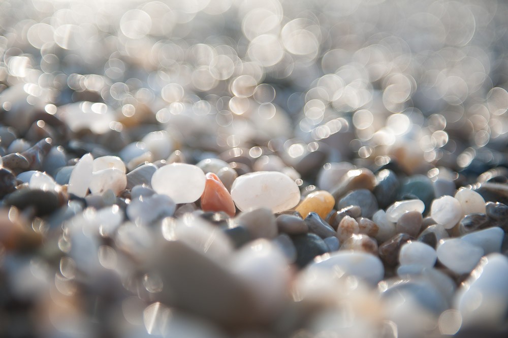Er werd gefotografeerd met tegenlicht. Waterduppels op de kiezelsteentjes zorgen voor een mooi bokeh-effect