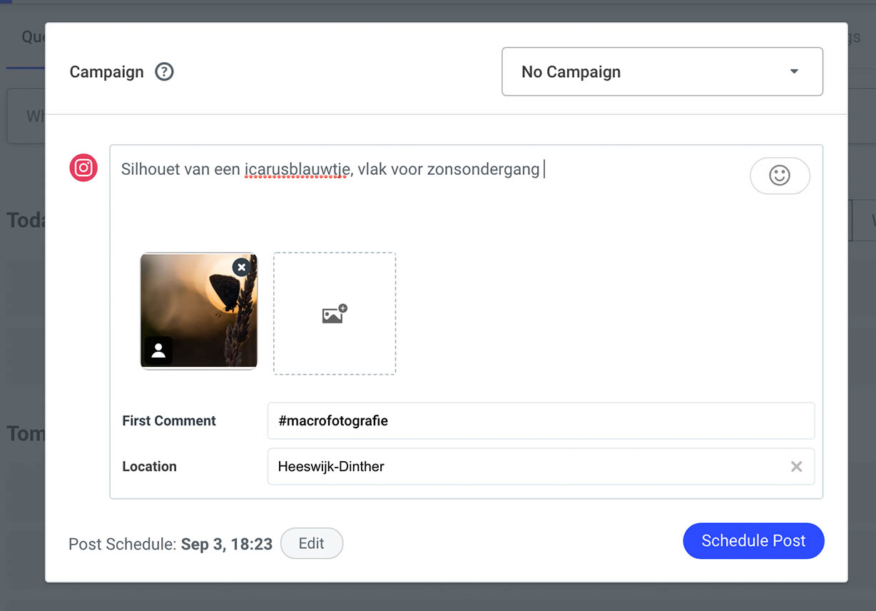 Vul de gegevens in om deze foto in te plannen op Instagram via Buffer