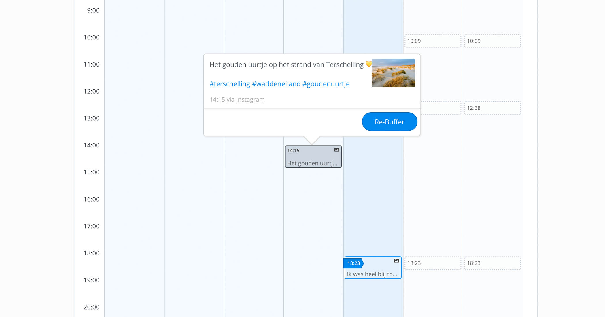 Het buffer weekoverzicht is niet heel overzichtelijk, omdat je de foto's alleen ziet als je er met de muis overheen gaat.