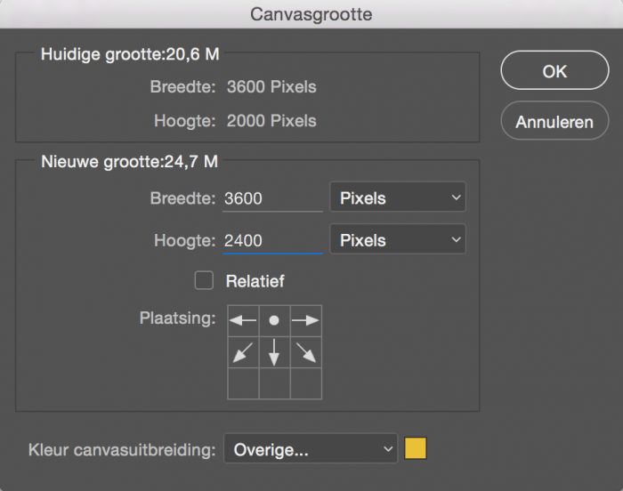 Canvasuitbreiding bij Canvasgrootte in Photoshop