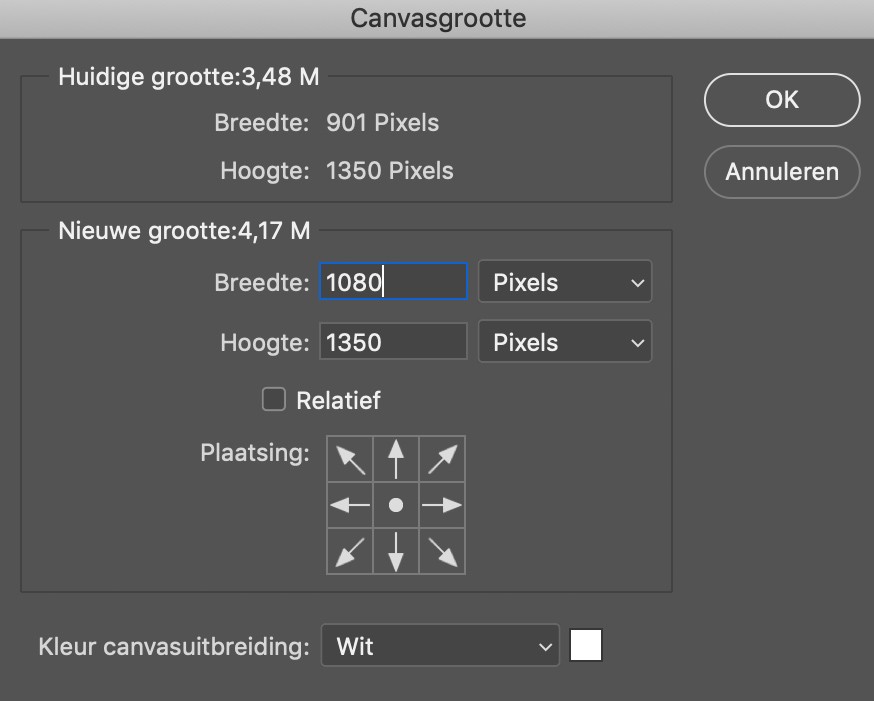 Canvasgrootte in Photoshop. Maak het totaalbeeld groter en vul dit in met een witte achtergrond.