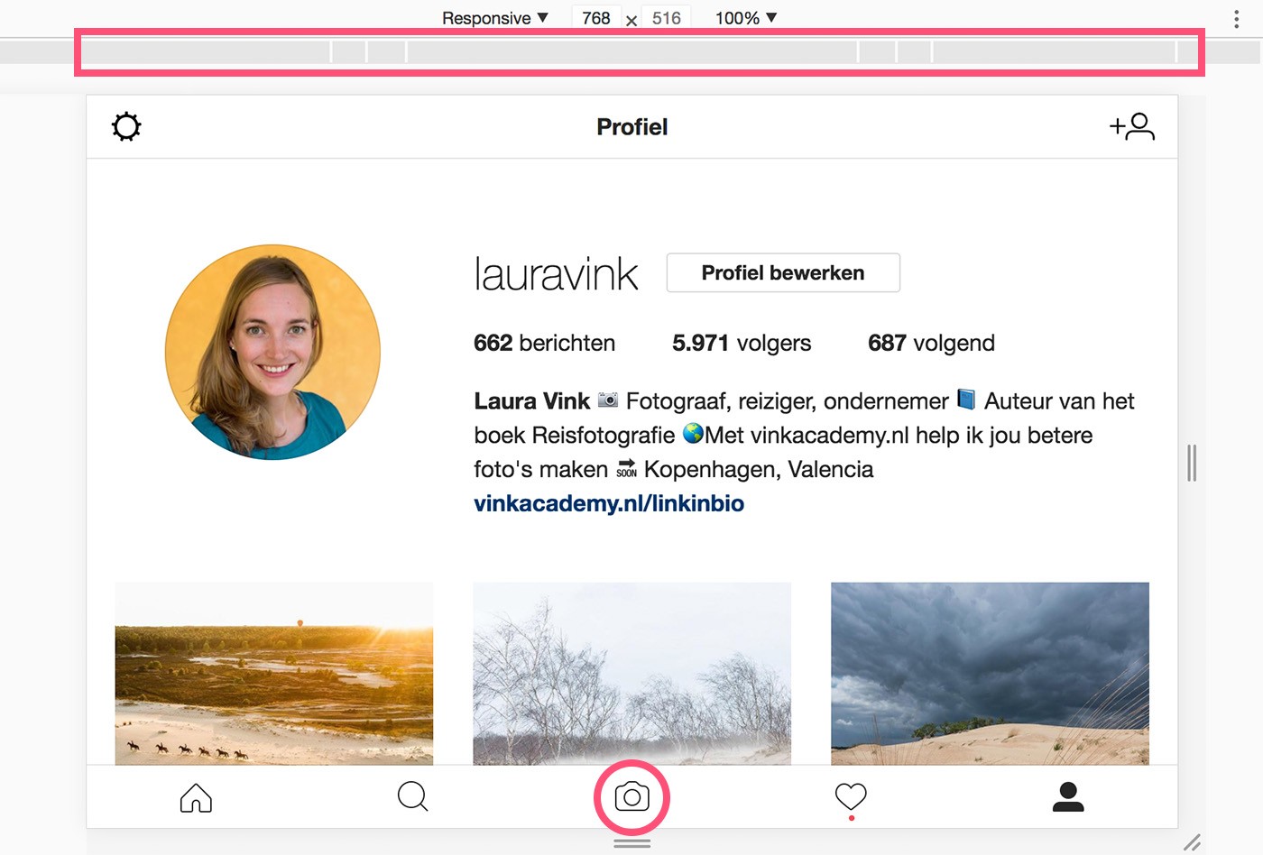 Met de balk bovenin geef je aan welk mobiel toestel je nabootst. Onderin verschijnt nu het icoontje om een foto te uploaden. (Verschijnt die niet gelijk? Vernieuw dan de pagina eventjes)