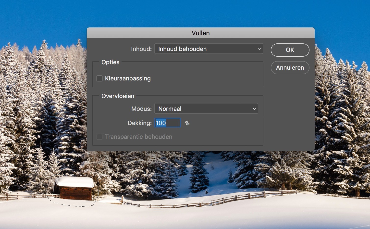 Selectie vullen met Content Aware Fill: Kies voor Inhoud behouden
