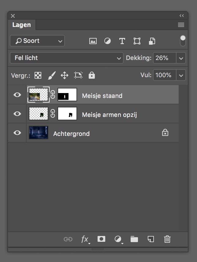 In het venster van Lagen pas je de dekking van een laag aan en kies je eventueel een overvloeimodus.