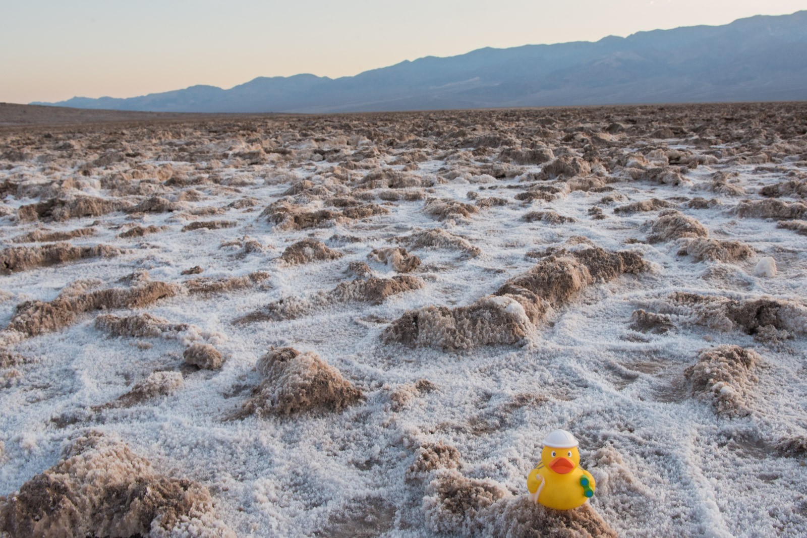 Ducky bij "Bathwater", het laagste plekje onder zeeniveau in Amerika.