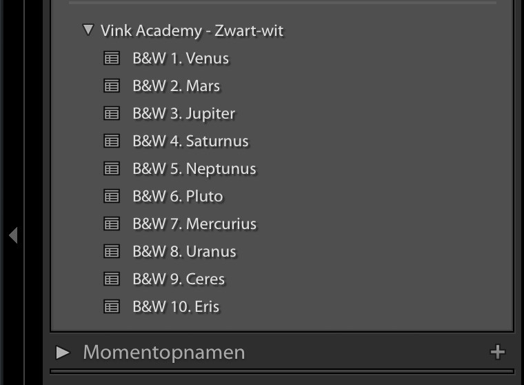 De voorinstellingen zijn nu netjes georganiseerd in een eigen 'mapje' (groep)