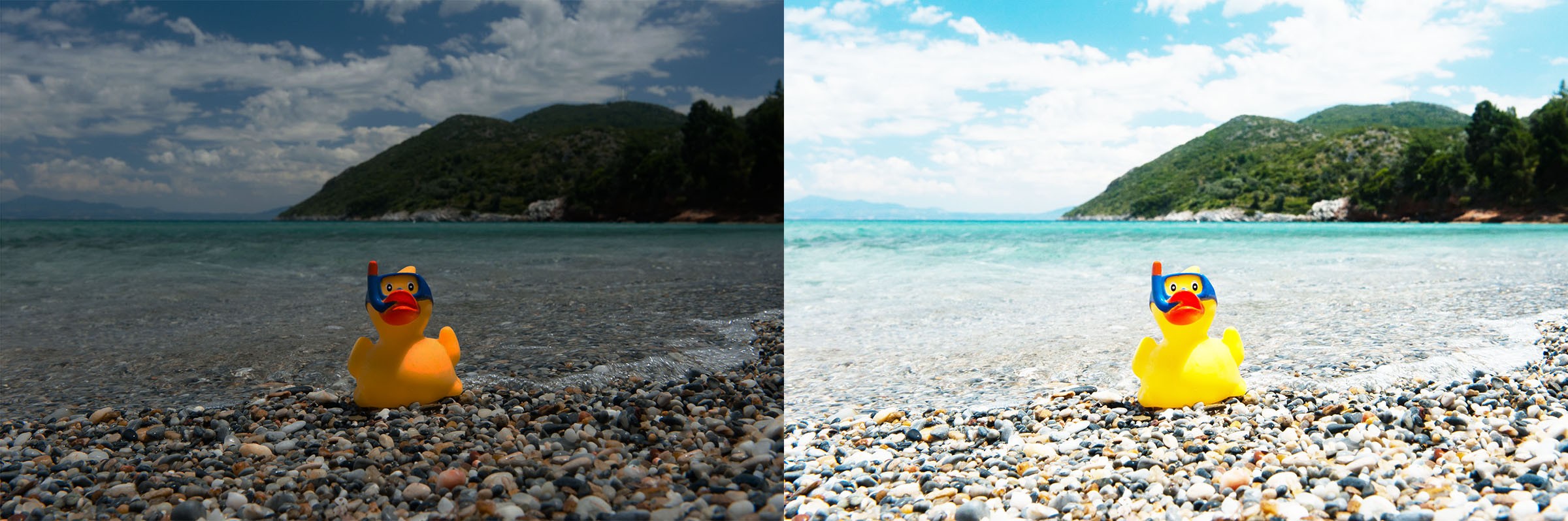 Links is de foto aangepast in Photoshop met een helderheid naar -100 (de foto werd donkerder), rechts is de helderheid op +100 gezet (de foto werd lichter)