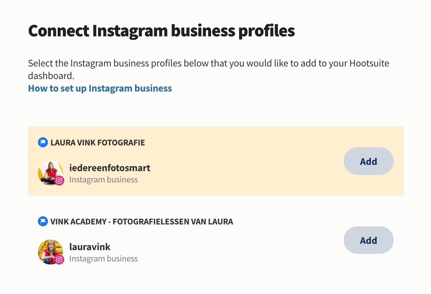 Klik op Add om jouw Instagram account toe te voegen aan Hootsuite, zodat je foto's kunt inplannen
