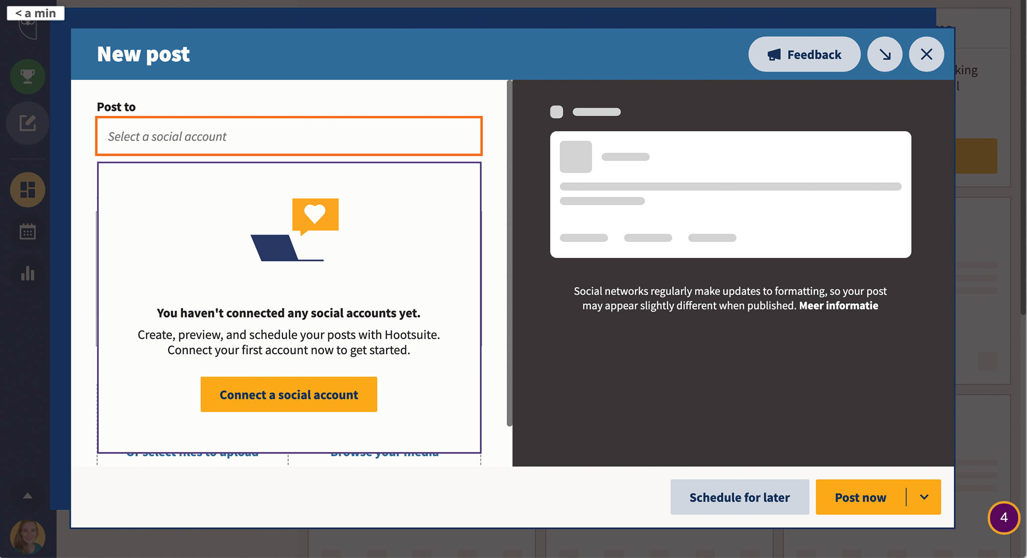 Voor je de eerste foto kunt uploaden moet je de een social media account koppelen aan Hootsuite.