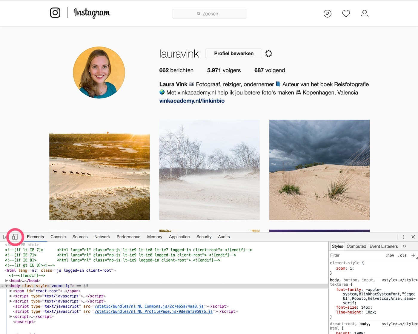 Het scherm verandert als je het hulpprogramma voor ontwikkelaars aangezet hebt. Klik nu op het icoontje met de tablet/smartphone.