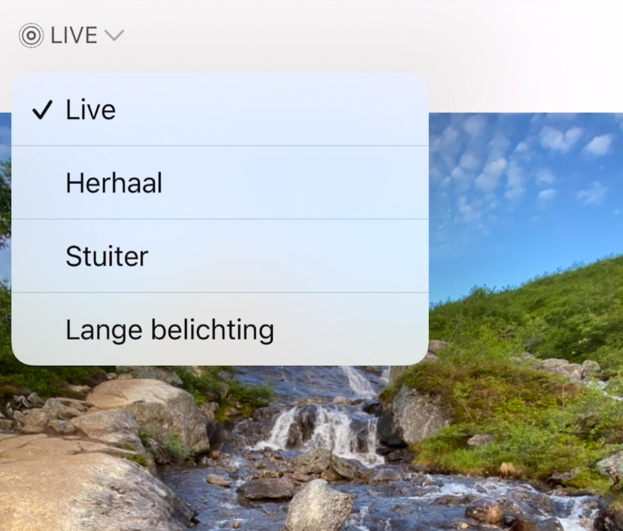 Selecteer Lange belichting (lange sluitertijd) op je iPhone door op Live te tikken als je de foto bekijkt
