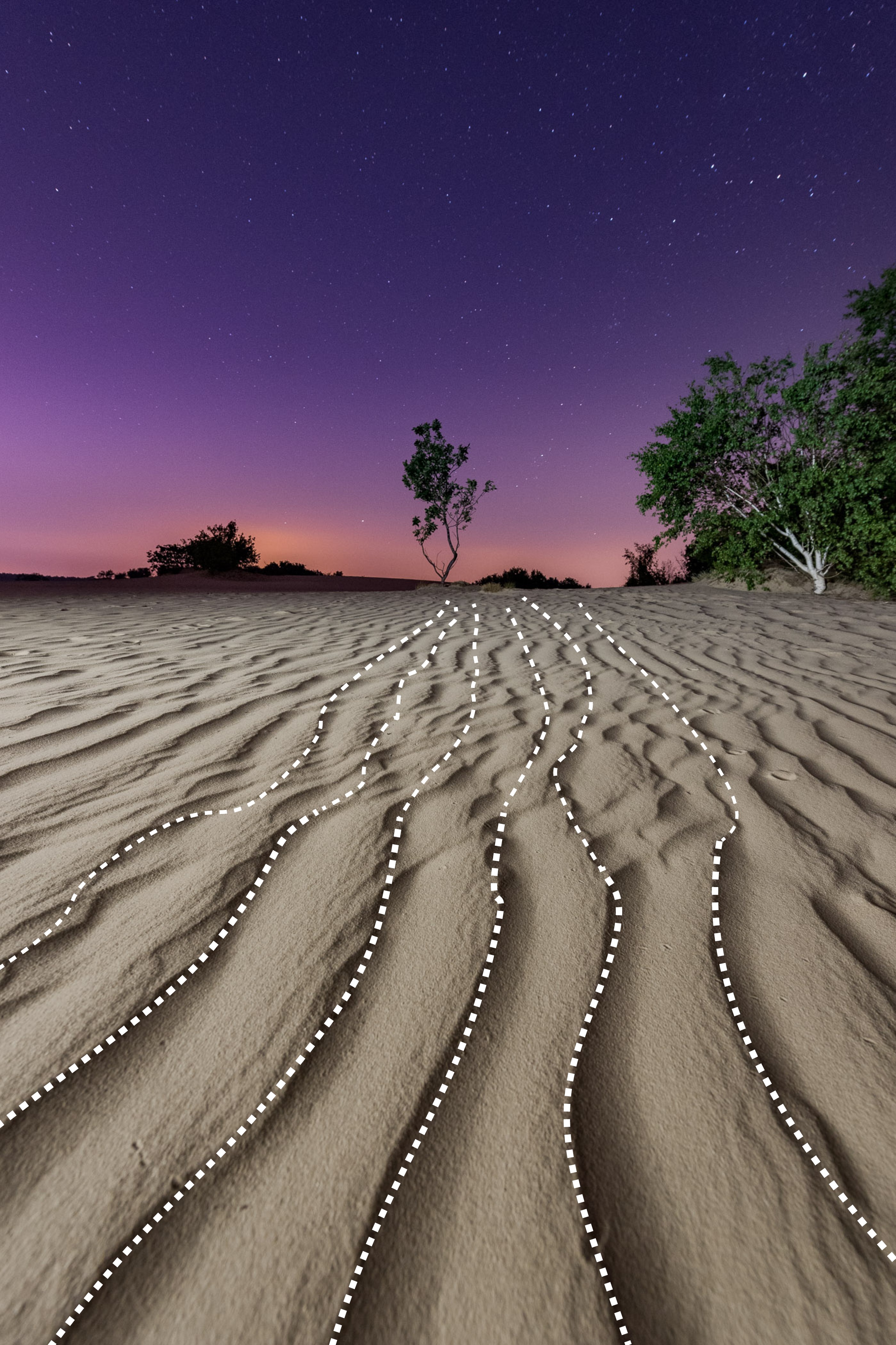 De zandribbels geven ook diepte aan de foto en trekken je aandacht als kijker naar achter