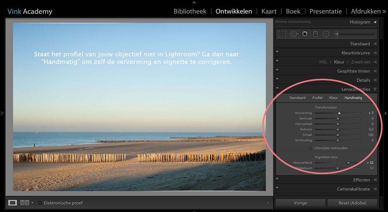Als het profiel niet in Lightroomcorrecties zit voor jouw objectief, dan kun je de vervorming en vignette ook handmatig corrigeren