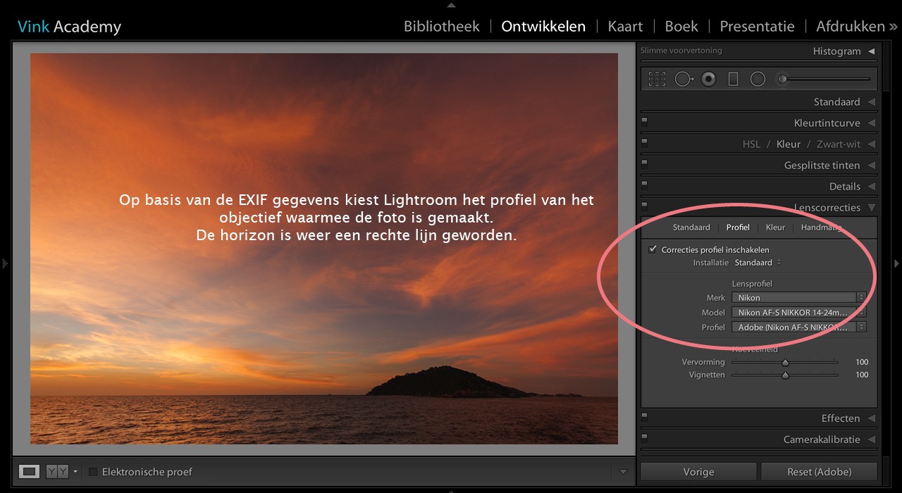 De vervorming wordt door Lightroom automatisch gecorrigeerd