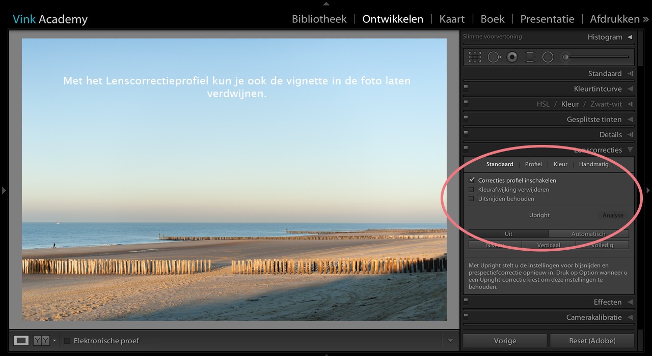 Zet het lenscorrectie profiel aan om de vignette te corrigeren