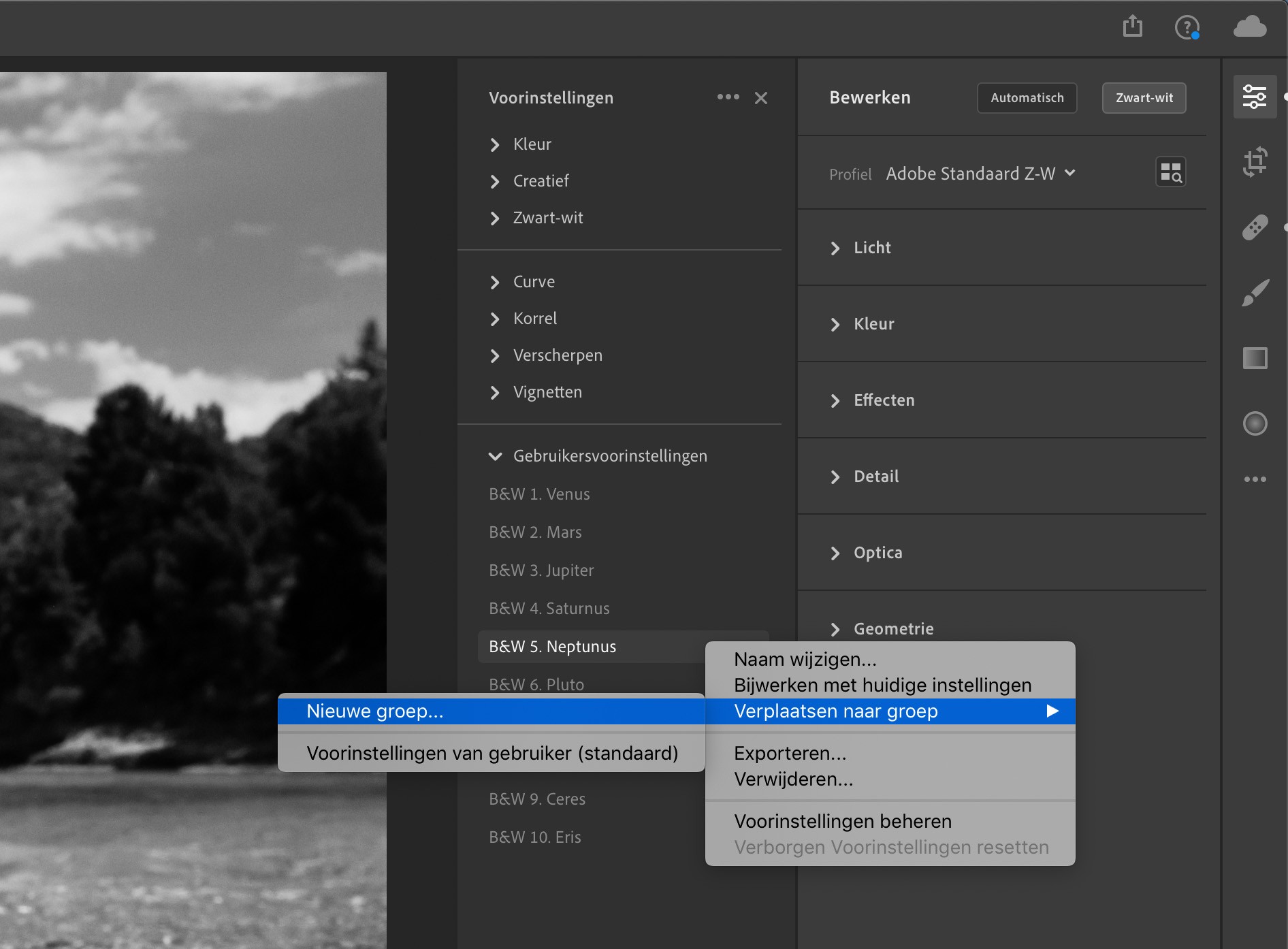 Om de voorinstellingen te organiseren moet je een groep aanmaken in Lightroom CC