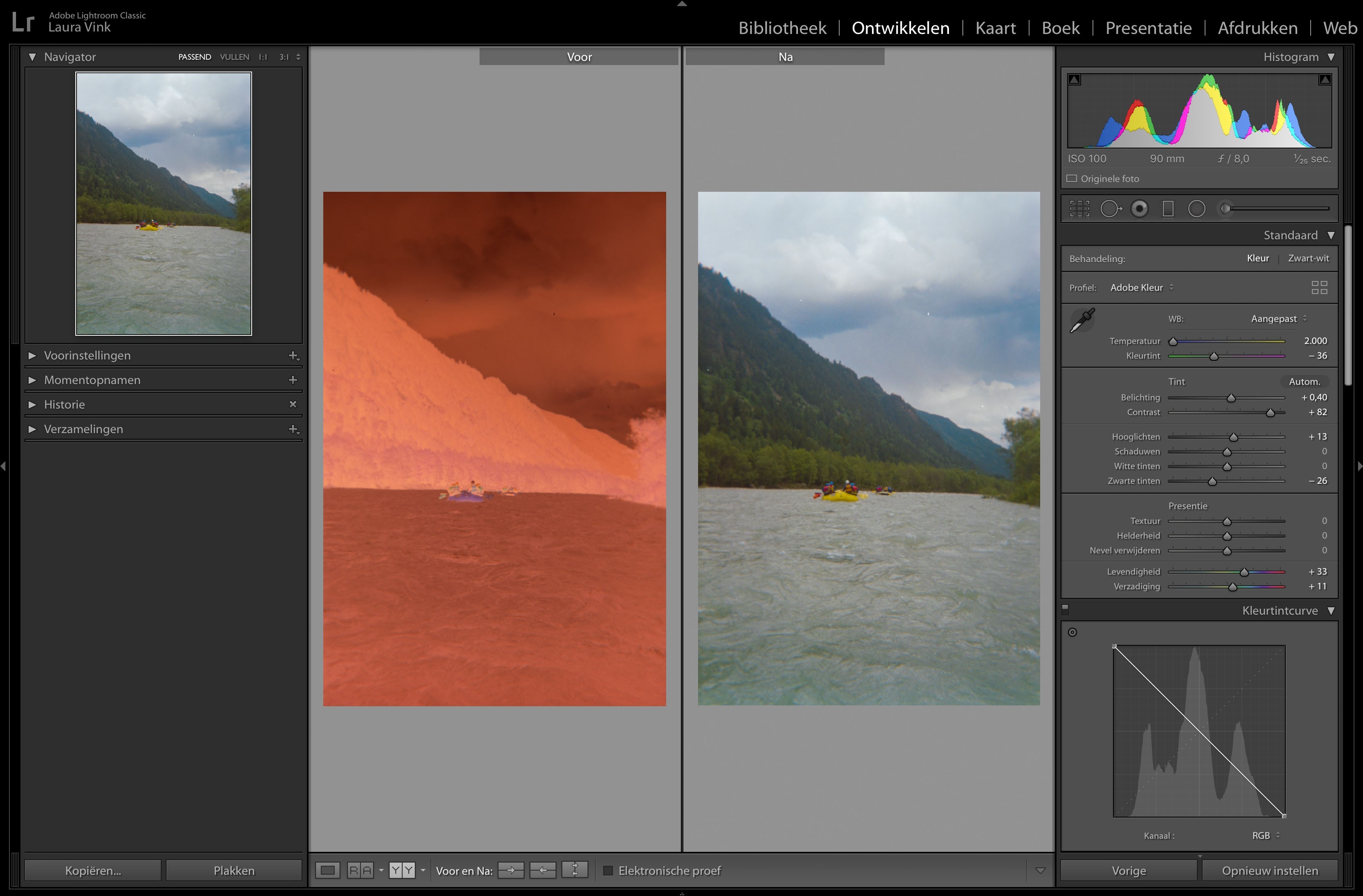Het verschil in voor en na de bewerking van het negatief in Lightroom.