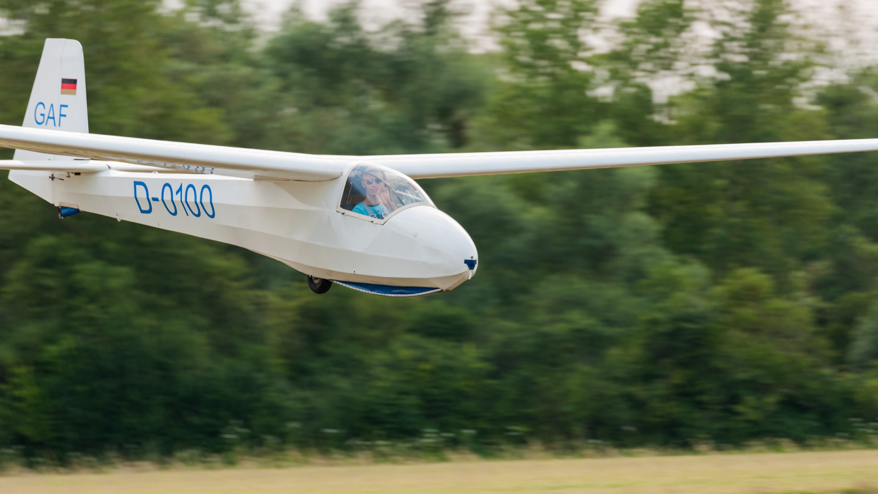 Het vliegtuig is scherp, maar de achtergrond heeft duidelijk een zijwaartse bewegingsonscherpte door het panning.