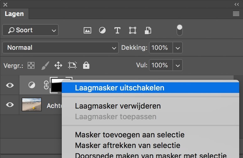 Rechtermuisknop > Laagmasker uitschakelen in Photoshop