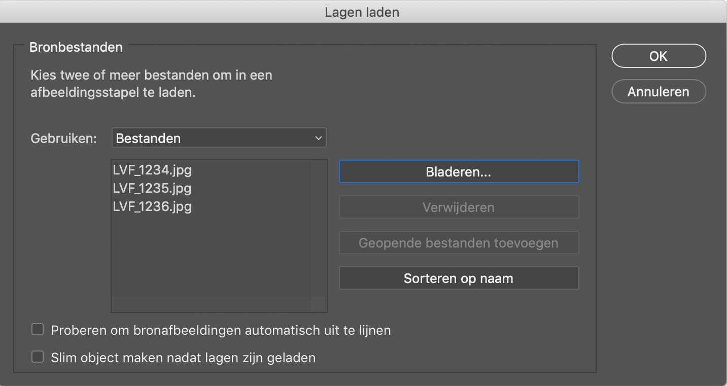 Dialoogvenster Photoshop voor script laden naar stapel
