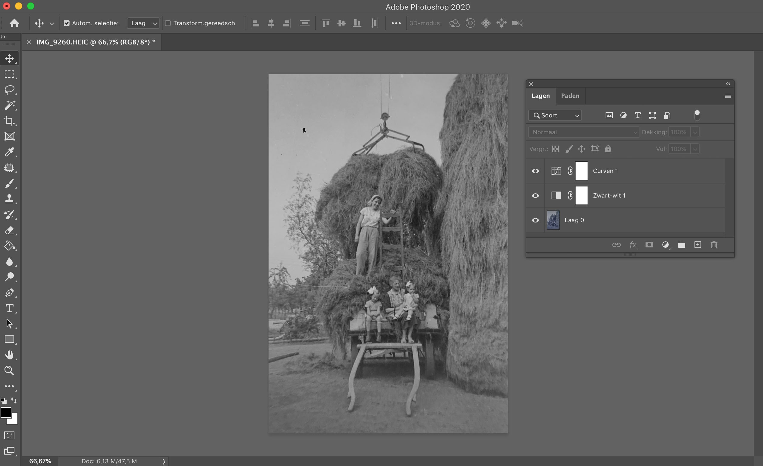 Met de aanpassingslagen Zwart-wit en Curve werd de kleurzweem verwijderd en de foto wat lichter gemaakt.