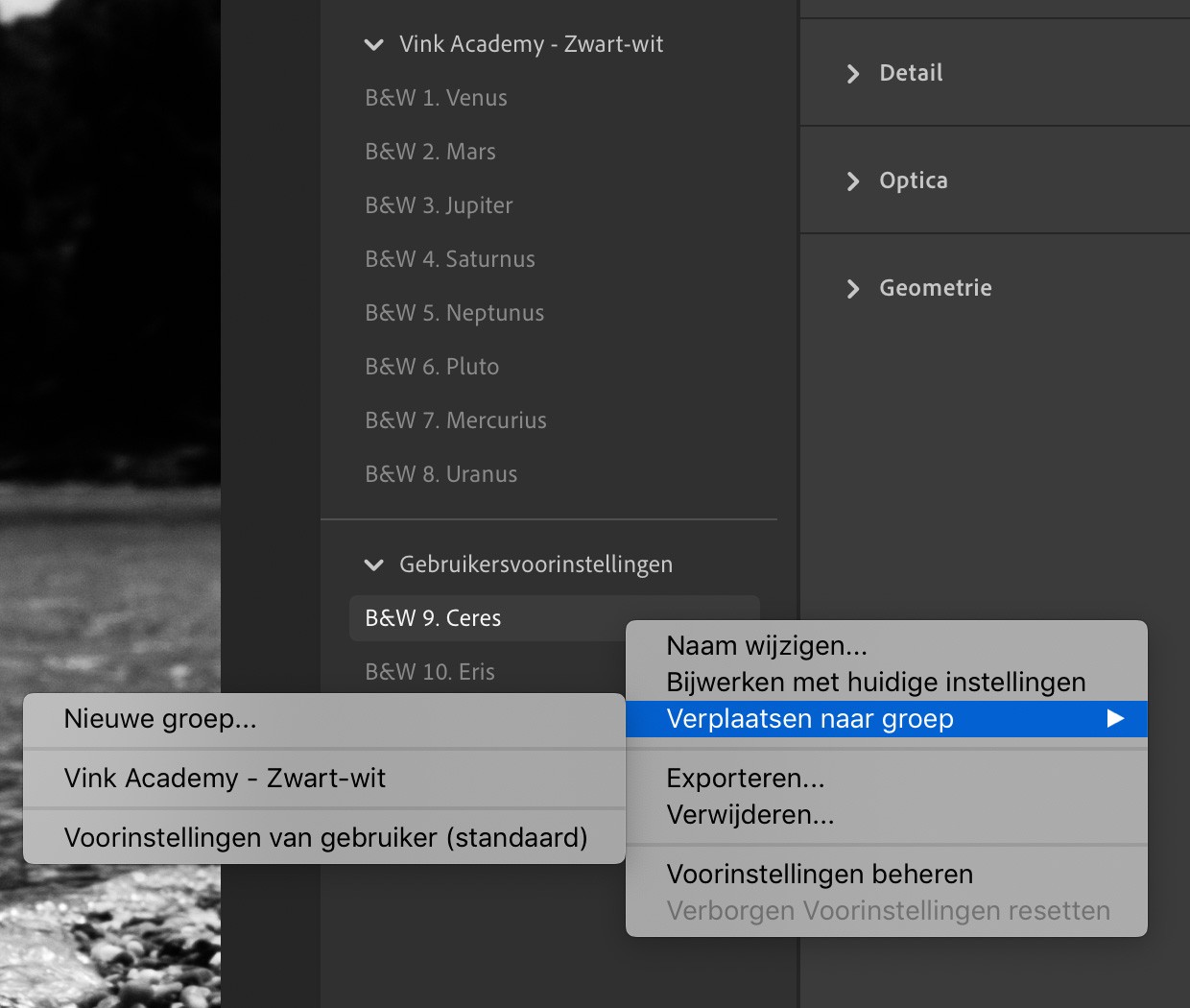Verplaats de rest van de presets naar de groep.