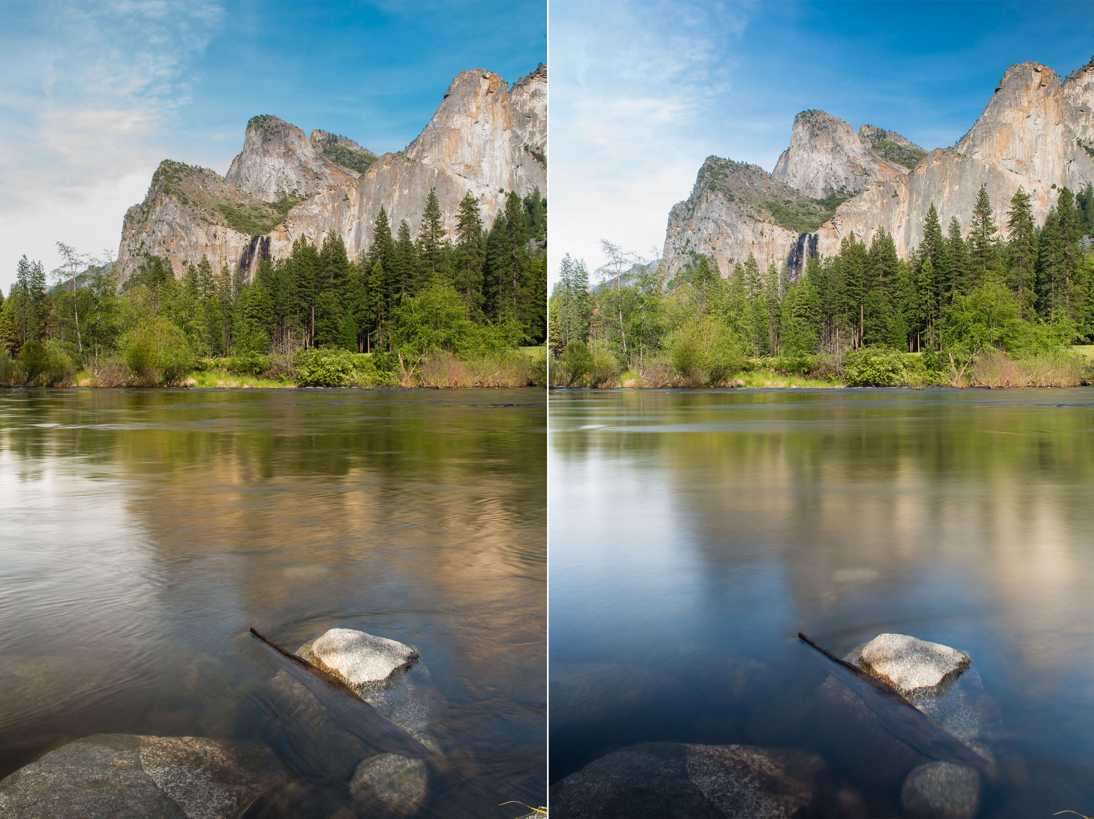 Links: sluitertijd van 0,4s Rechts: sluitertijd van 6s. Door de langere sluitertijd is de reflectie rechts mooi zacht en rustig geworden.
