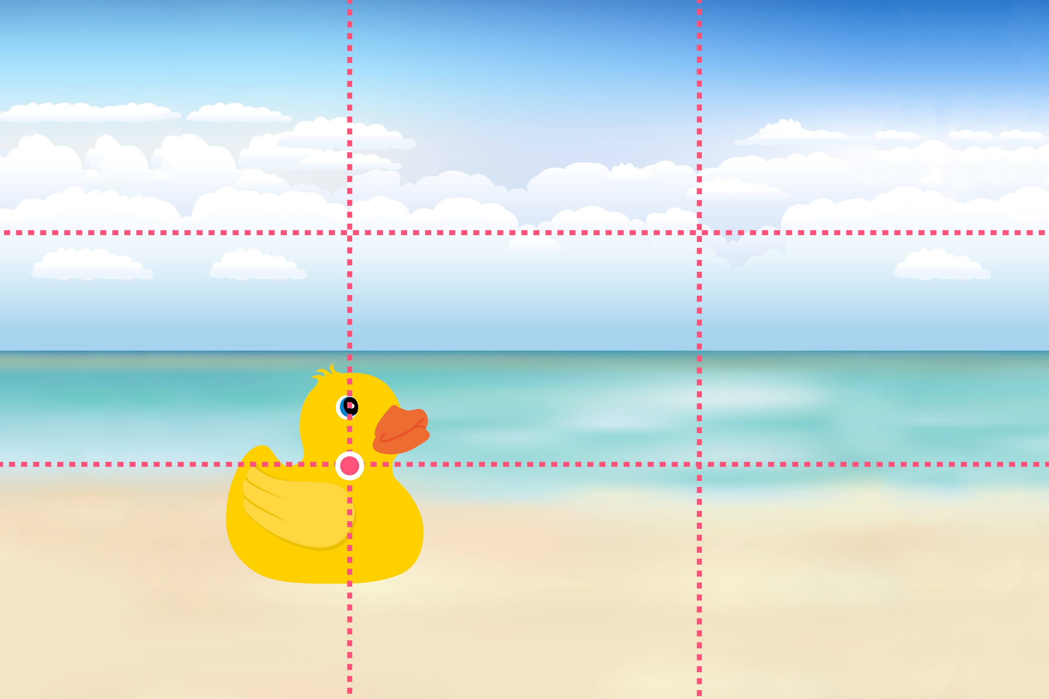 Interessante elementen van de foto (in dit geval: het badeendje) plaat je onder de snijpunten van de lijnen van derden.