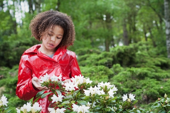 Meisje in rode regenjas kijkt naar witte bloem