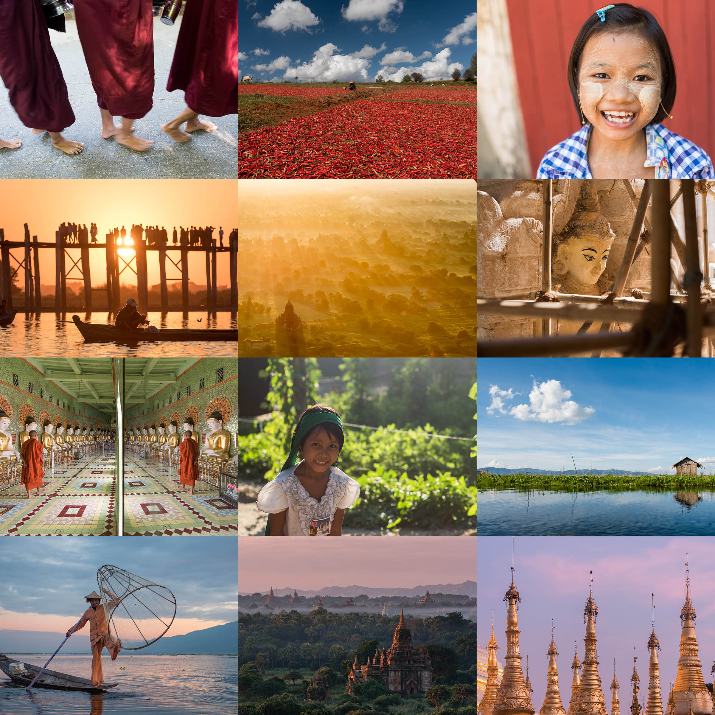 Regenboogcollage van de reis die ik naar Myanmar maakte.