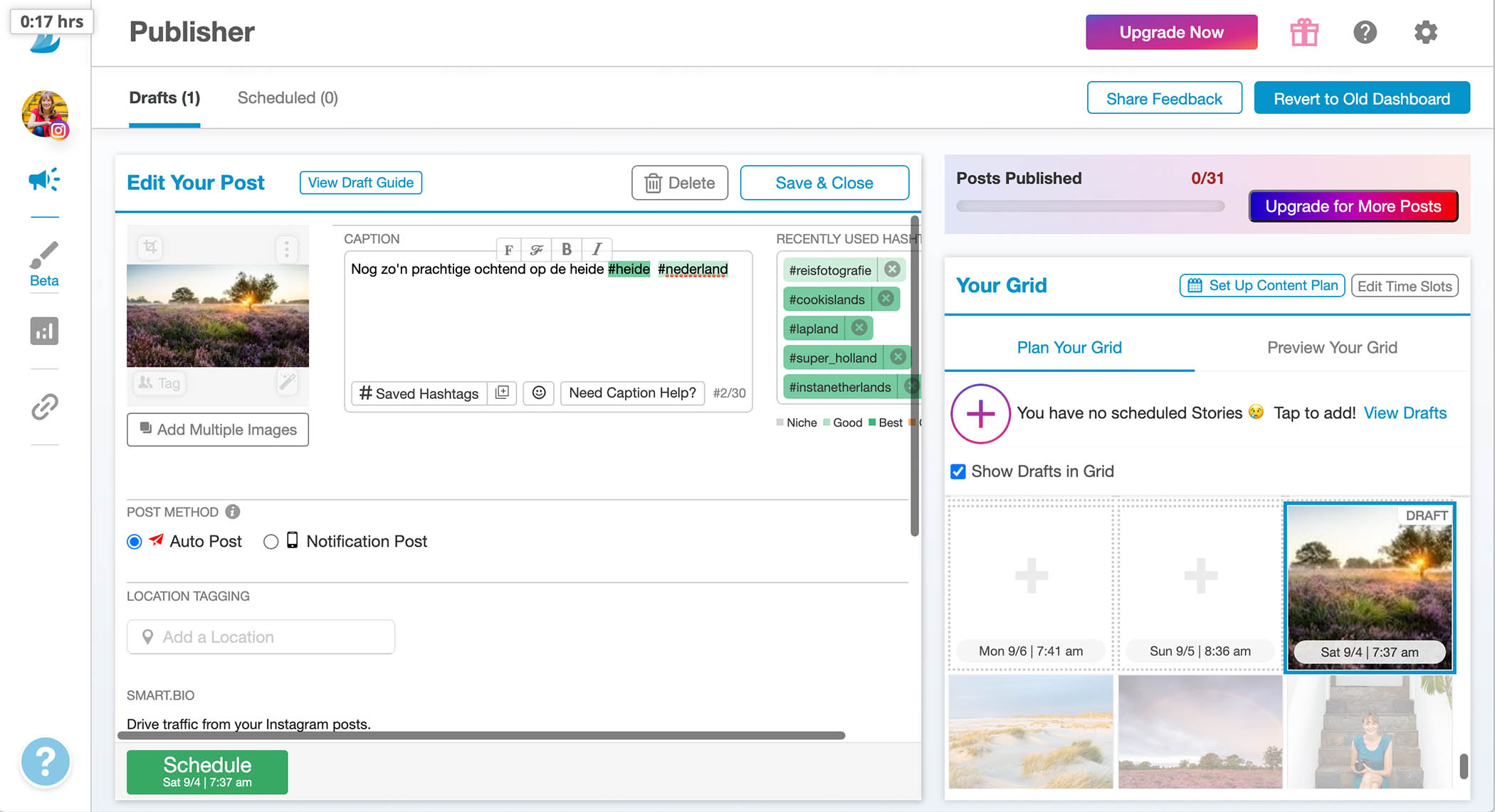 Dit is het scherm om jouw foto in te plannen bij Tailwind.