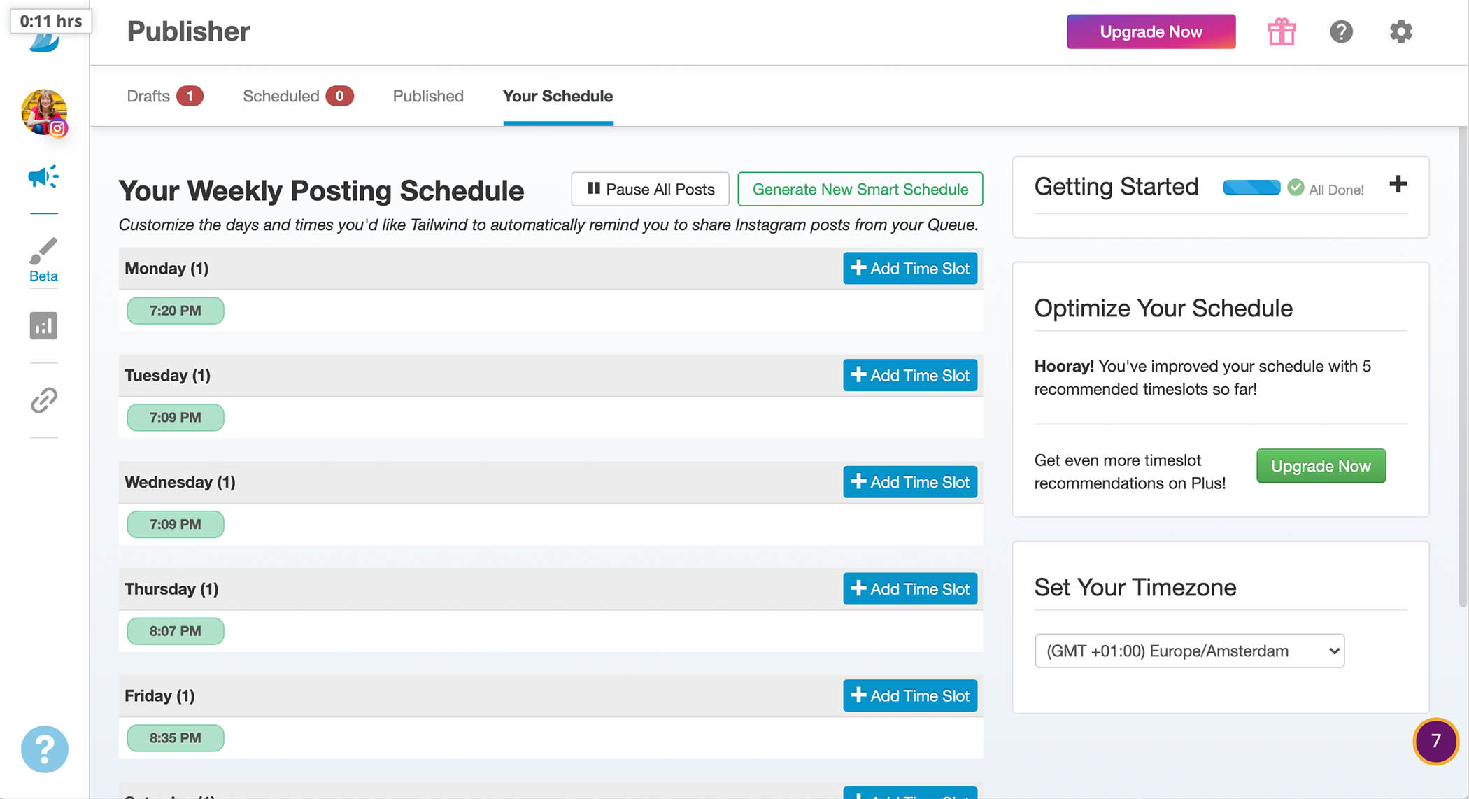 Het wekelijkse publicatieschema door Tailwind. Klik op het groene blokje om dit nog handmatig aan te passen.