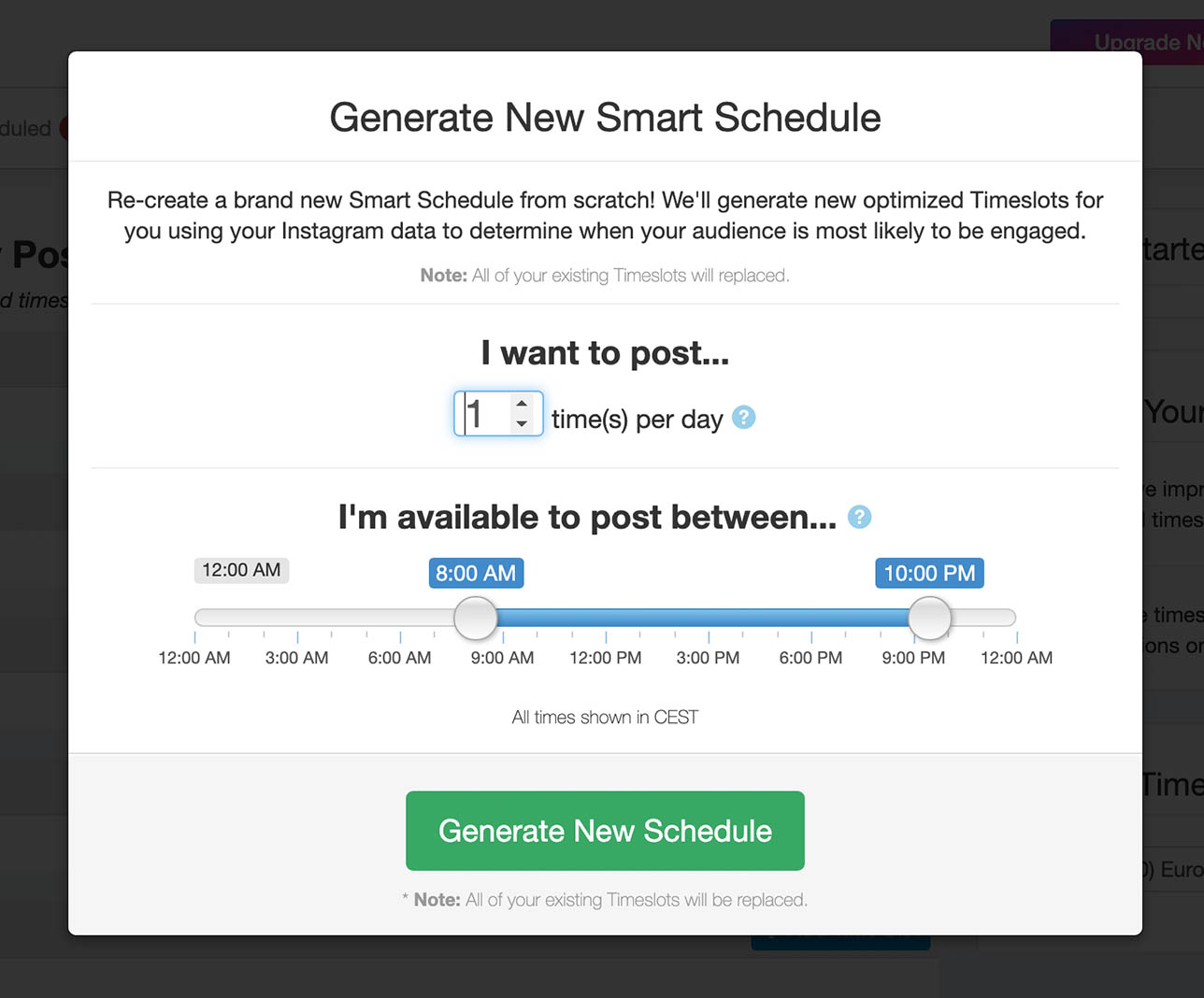 Laat Tailwind een wekelijks publicatieschema voor je opstellen. Jij geeft aan hoevaak je wilt posten, Tailwind bedenkt (berekent) dan de tijdslots.