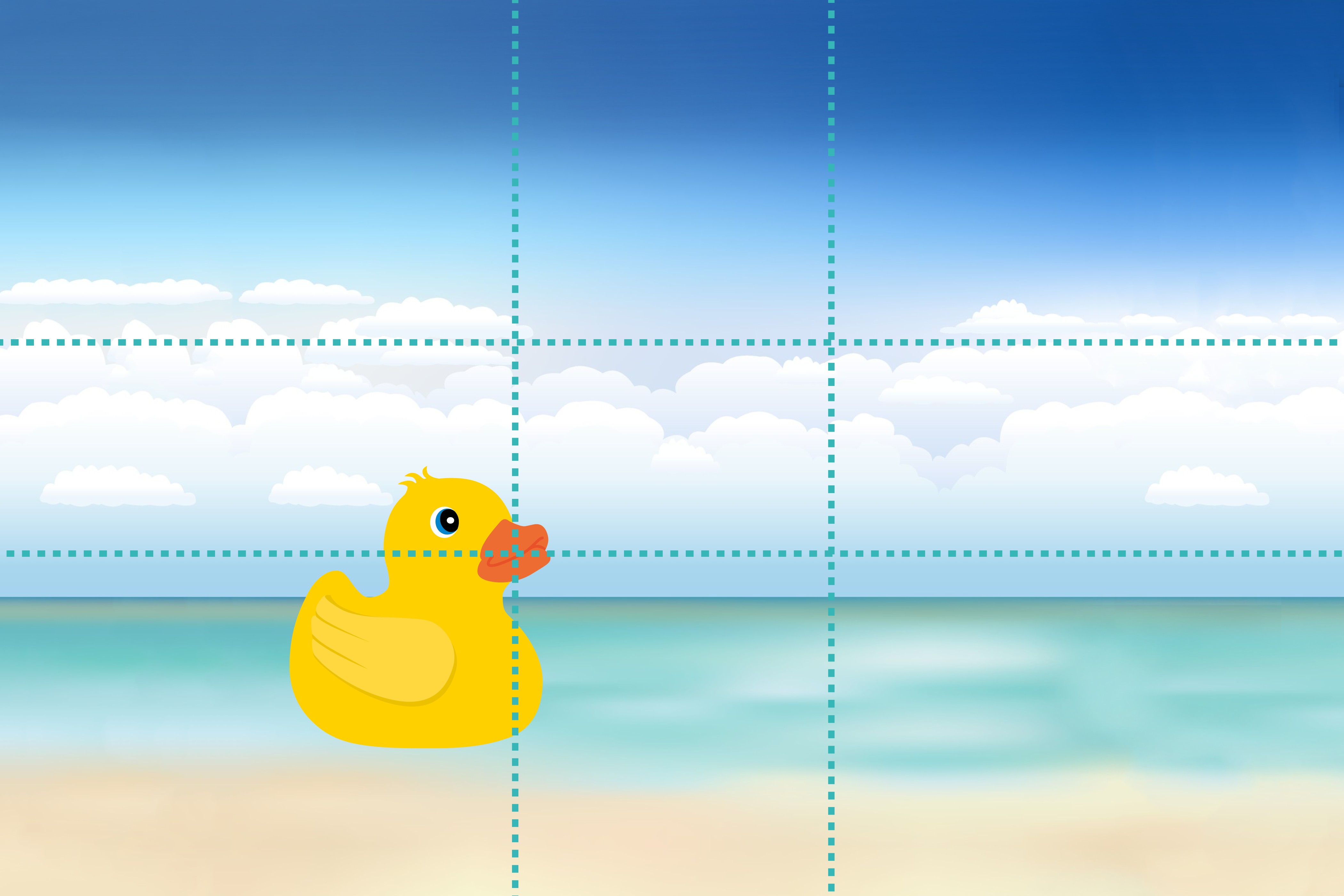 Verdeling van het beeld volgens de gulden snede. Ook negen vakjes, maar niet allemaal even groot.