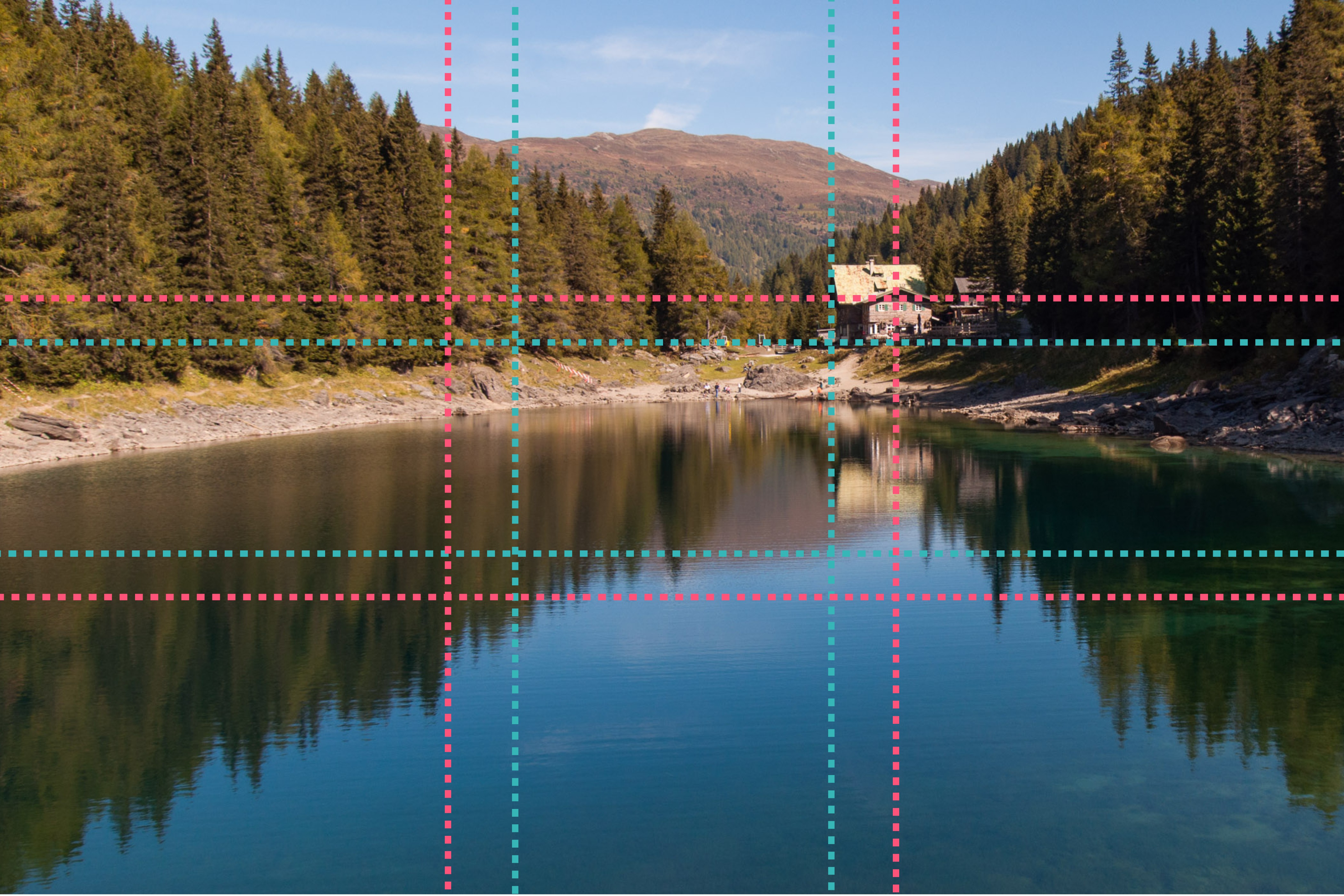 Het huisje bij het bergmeer staat zowel volgens de regel van derden en de gulden sneden op de snijpunten
