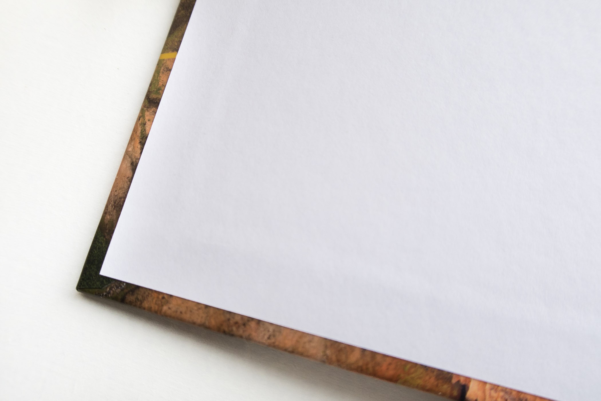 Het witte papier is het schutblad. Je ziet dat de foto van de kaft nog best verder doorloopt onder het schutblad!