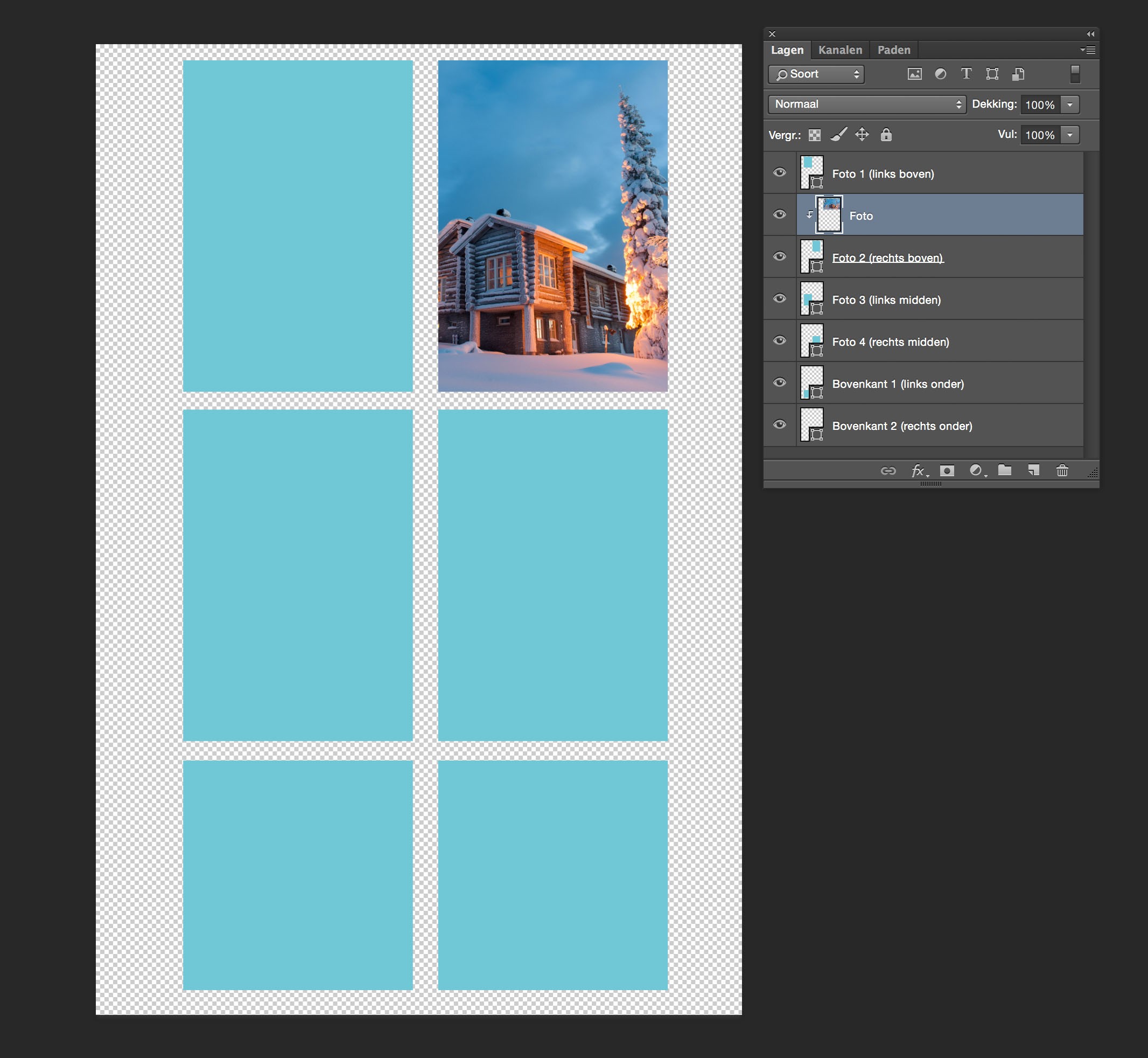 Met het uitknipmasker in Photoshop plaats je de foto's in de vakjes