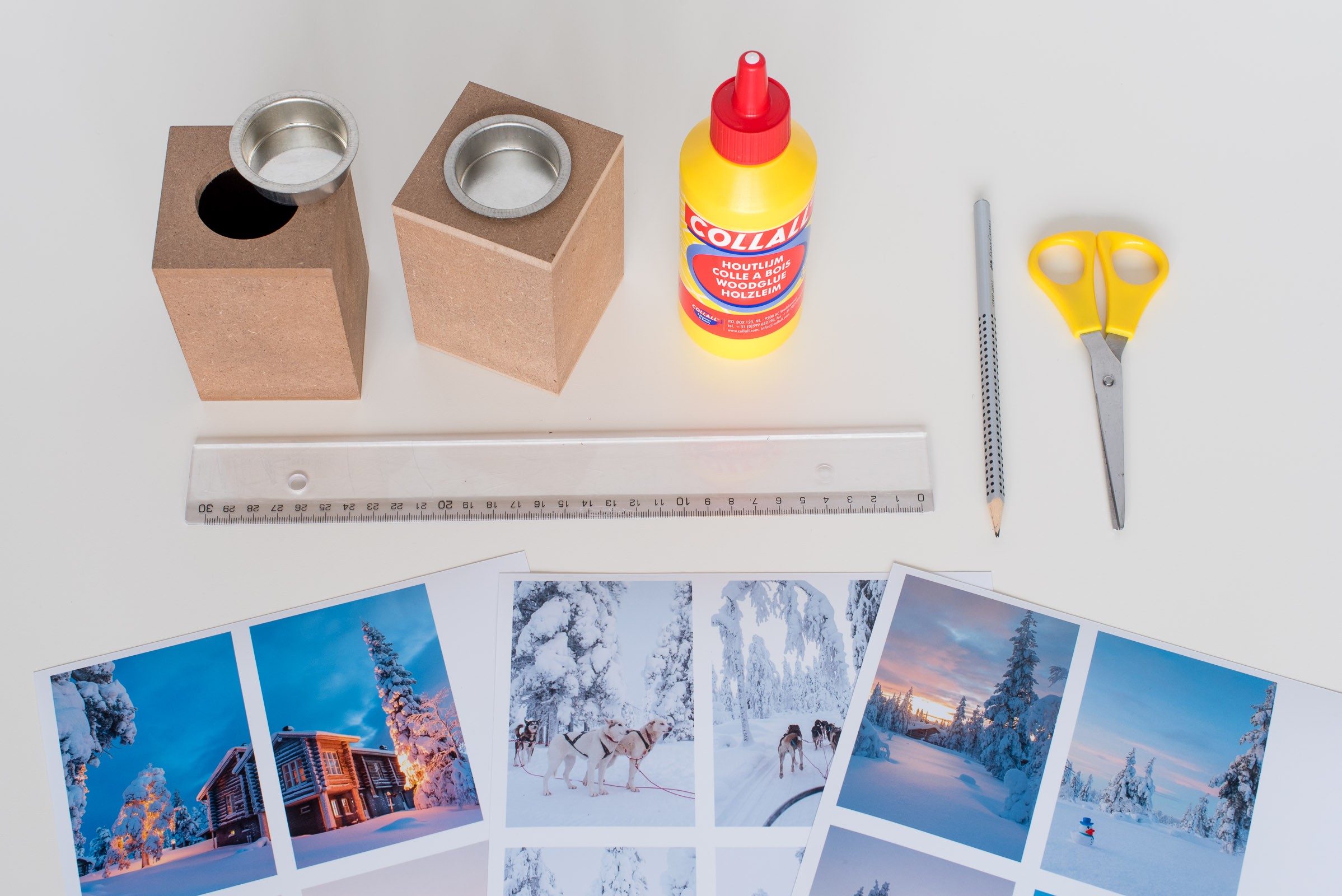 Benodigdheden voor het maken van de waxinelichthouder met eigen foto's