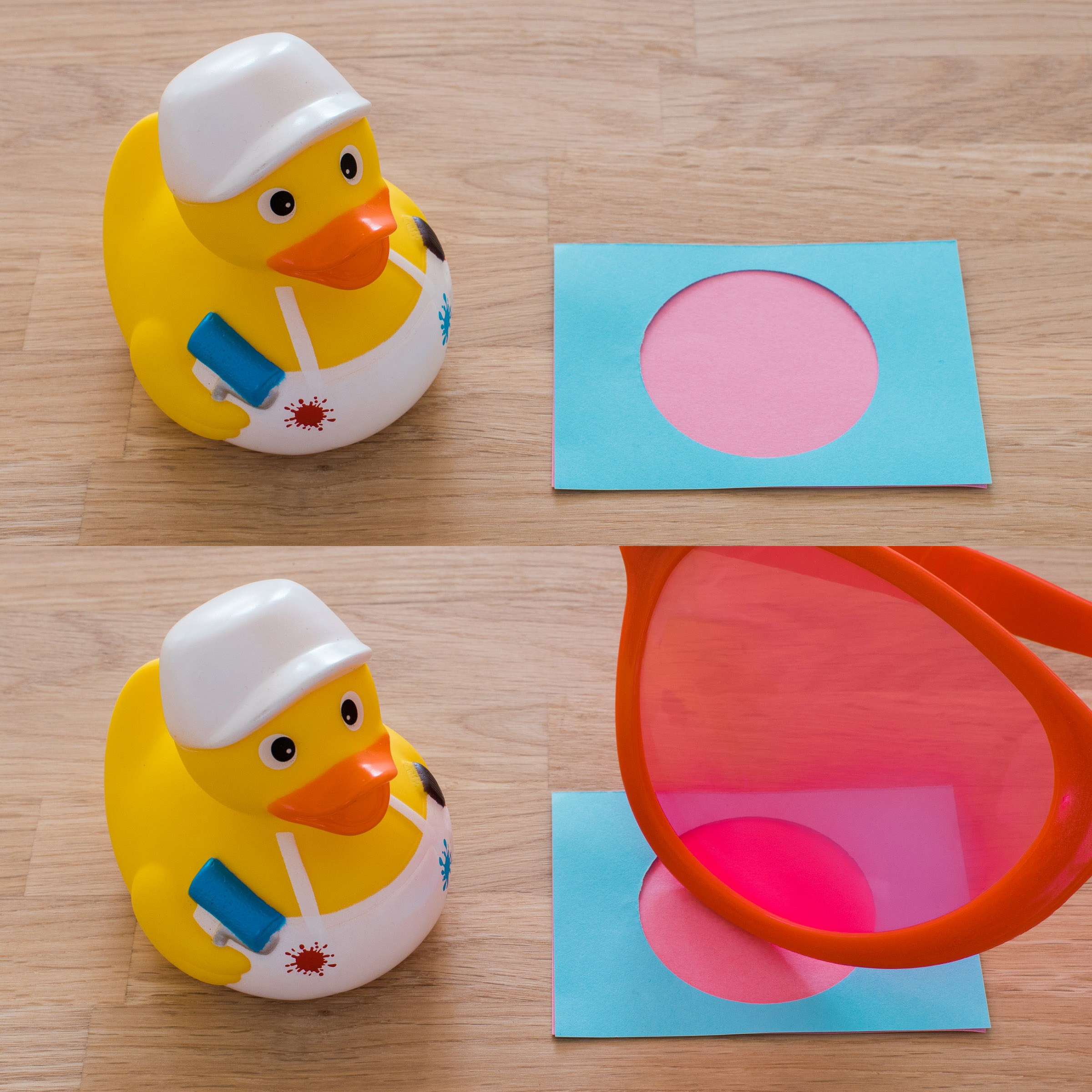 Bij een aanpassingslaag kijk je nog steeds naar de papiertjes, maar is de weergave van de papiertjes aangepast door het effect van de bril.